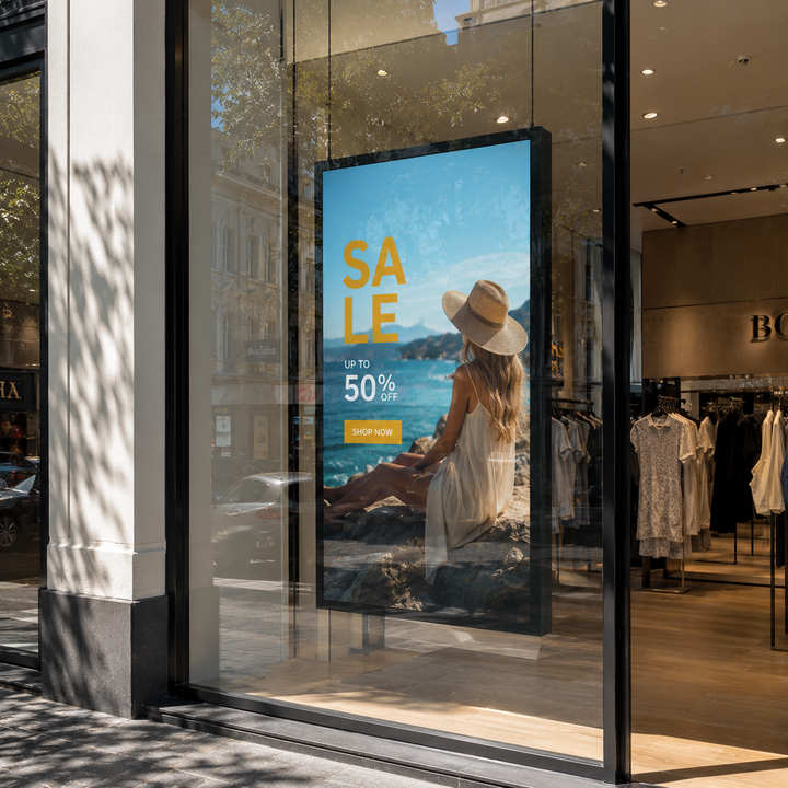 High Brightness LCD Window Display used for retail advertising in a shopping centre storefront