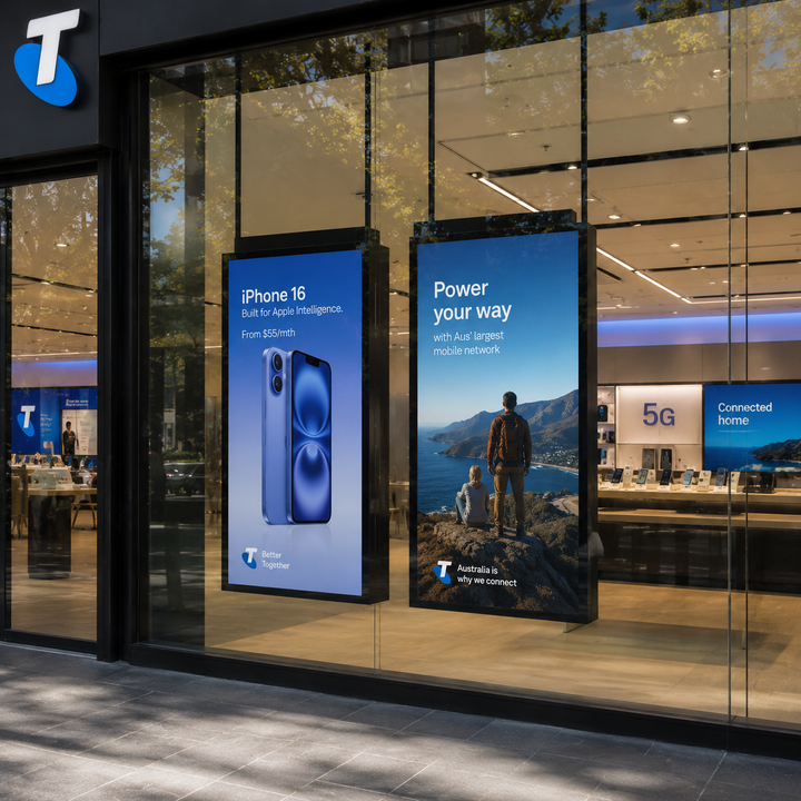 High Brightness LCD Window Display installed in a telecommunications retail store window