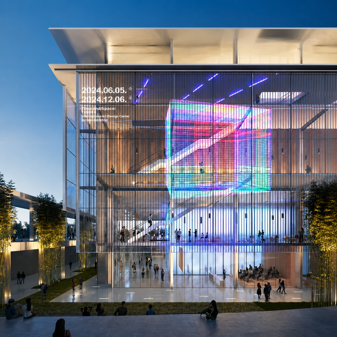 High Transparency LED Mesh Display installed on a large glass facade, delivering digital content while preserving transparency and architectural aesthetics.