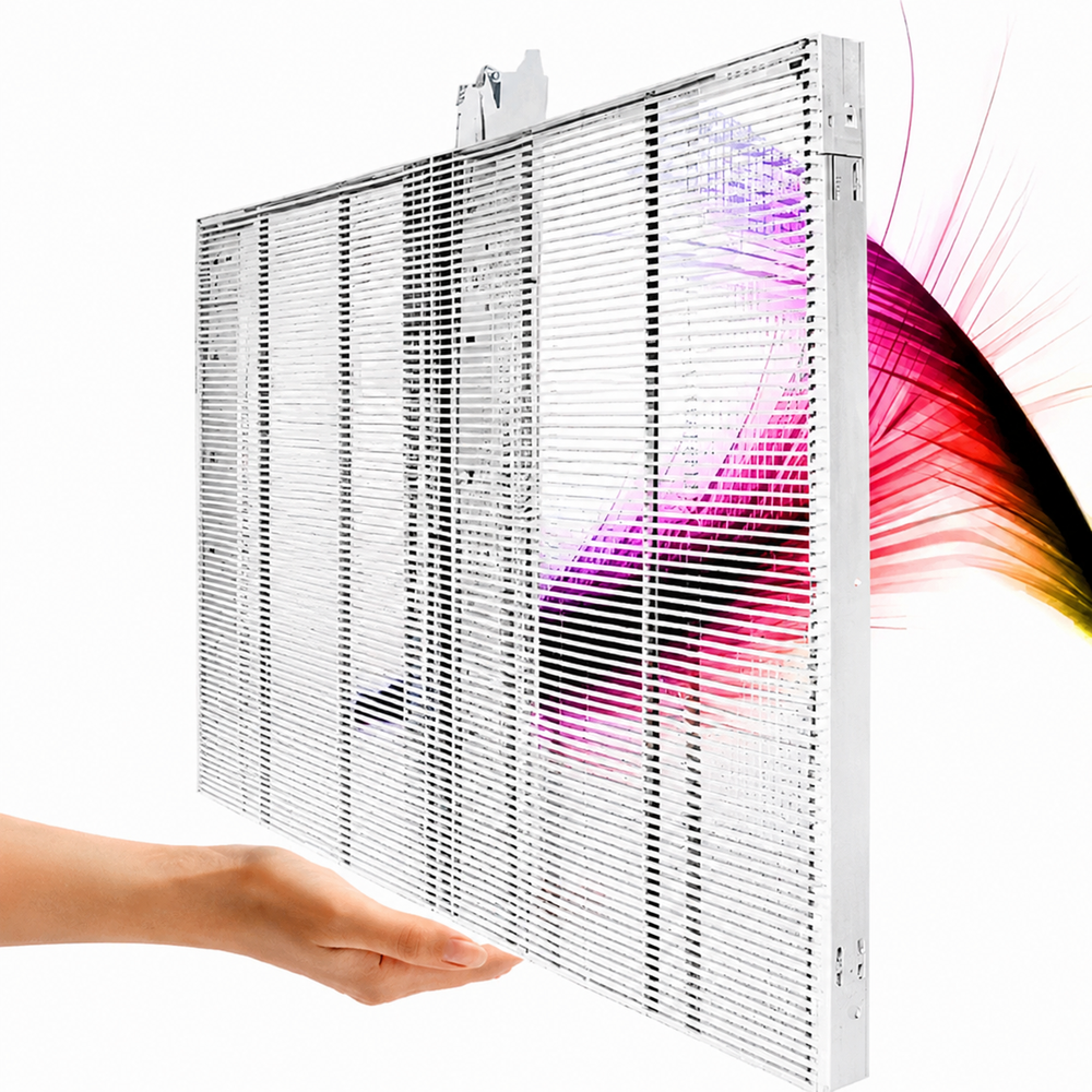 High Transparency LED Mesh Display panel featuring side-mounted LED technology for maximum transparency, lightweight construction and premium architectural applications.
