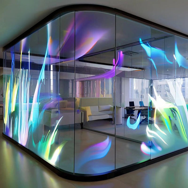 Holographic LED Display installed within a commercial glass partition creating floating digital visuals