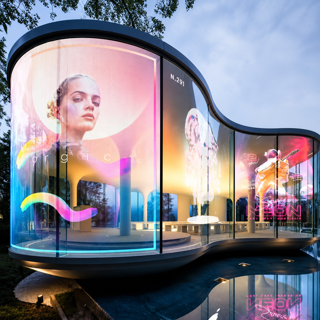 Holographic LED Display installed on a curved glass facade creating transparent digital advertising for a retail environment