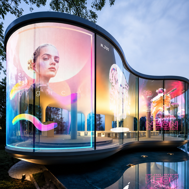 Holographic LED Display installed on a curved glass facade creating transparent digital advertising for a retail environment