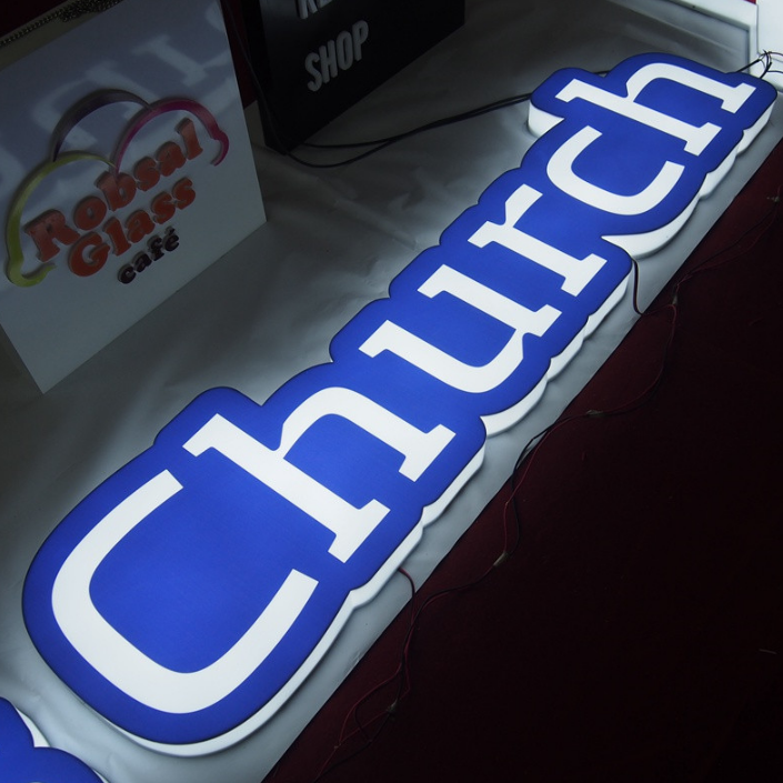 Illuminated acrylic letter signs with blue LED lighting for church and commercial signage