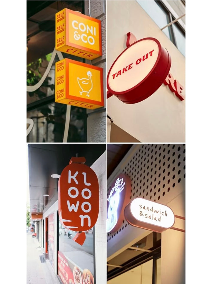 Illuminated projecting signs used for retail shops and cafes on exterior walls