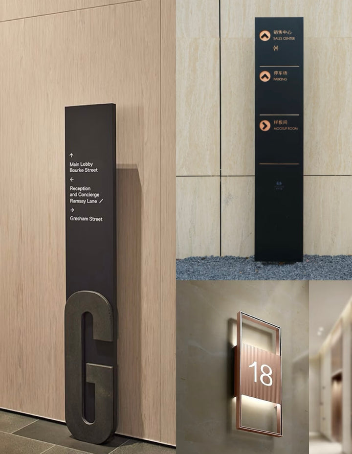 Indoor freestanding wayfinding sign with LED lighting for lobby and public space navigation
