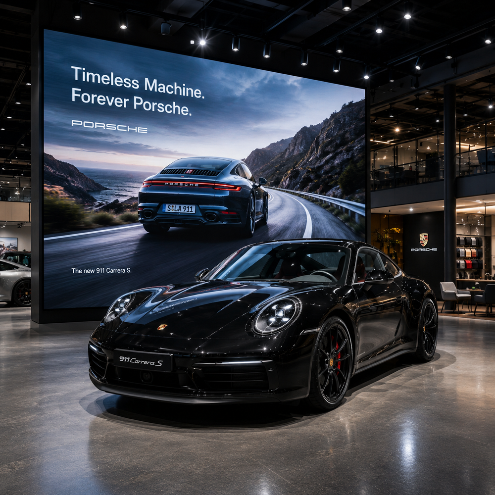 Commercial indoor LED video wall in an automotive showroom displaying high-resolution digital content for customer engagement.