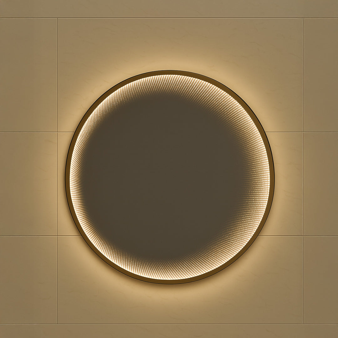 Infinity Glow round layered LED mirror featuring warm halo backlighting.