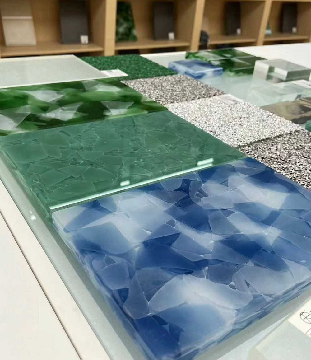 Jade glass panel samples showing colour variations and surface finishes