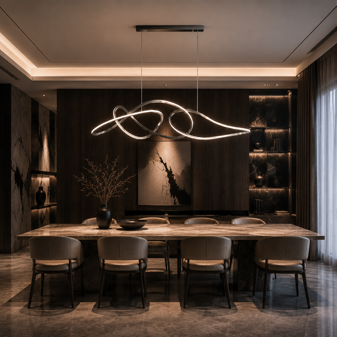 Kyma sculptural LED pendant light above a contemporary dining table with a flowing wave-inspired design