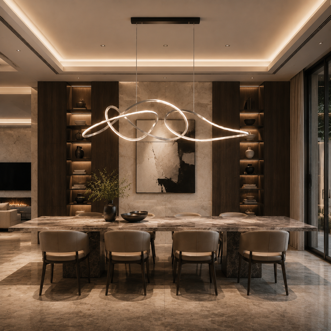 Kyma modern sculptural pendant light with flowing illuminated curves above a luxury dining table
