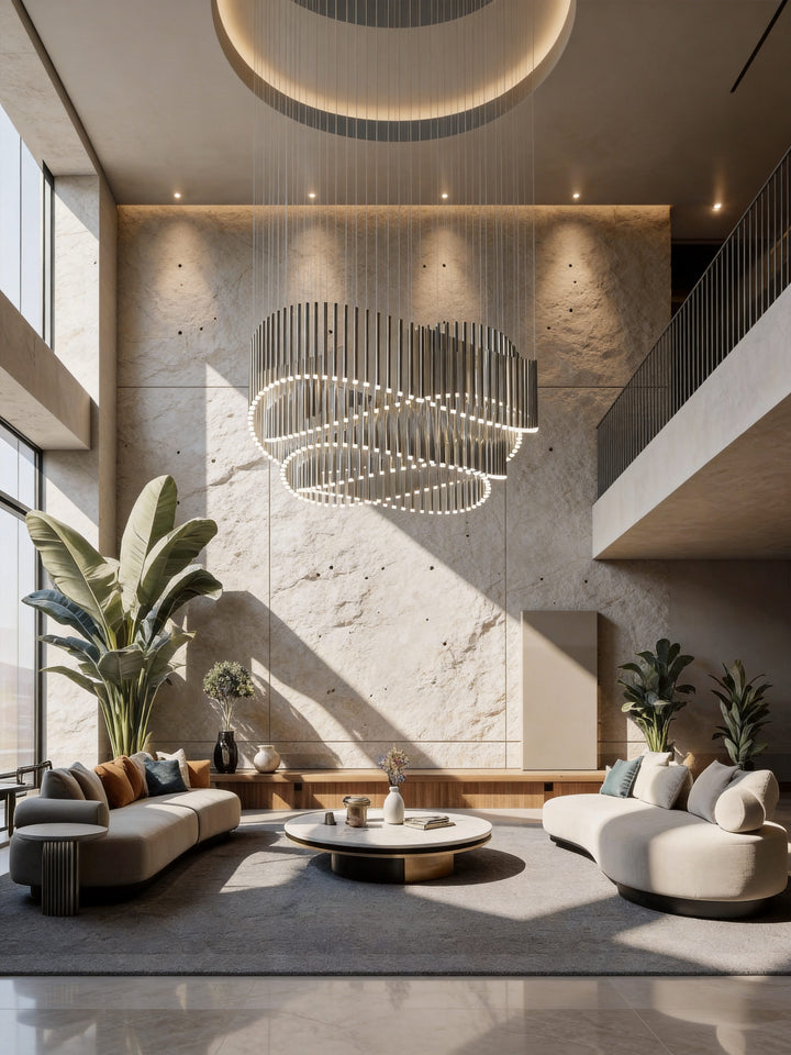 Large bespoke LED chandelier installation for luxury commercial and hospitality interiors