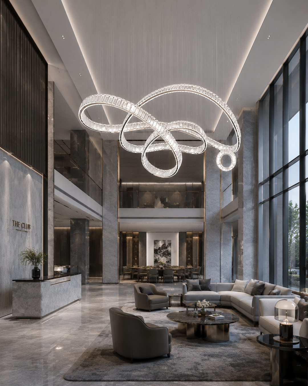 Large-scale sculptural crystal chandelier in a luxury private club double-height lobby with lounge seating area and private dining room background, Pharaoh Luxus Chandelier by Lucretia