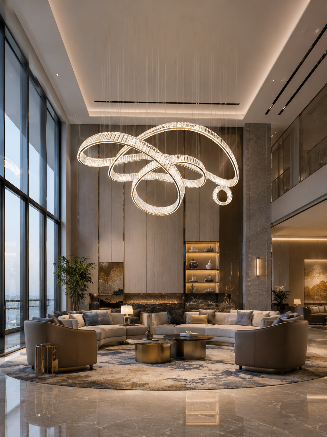 Large-scale sculptural crystal chandelier in a luxury residential apartment lobby with circular lounge seating, gold accent shelving and floor-to-ceiling city views, Pharaoh Luxus Chandelier by Lucretia