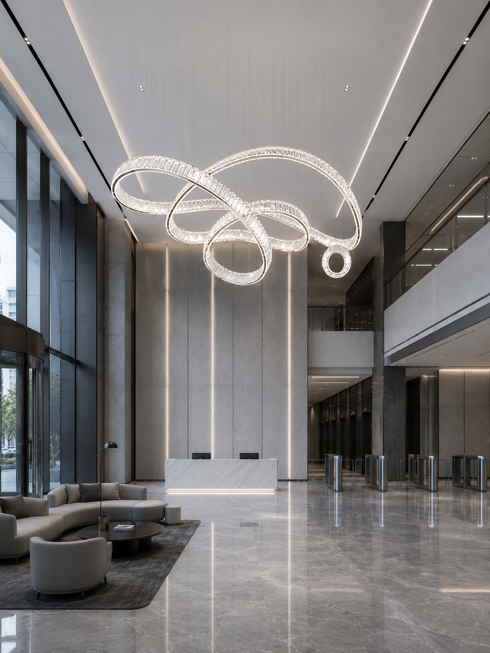 Large-scale sculptural crystal chandelier in a modern commercial building lobby with reception desk, security gates and floor-to-ceiling glazing, Pharaoh Luxus Chandelier by Lucretia