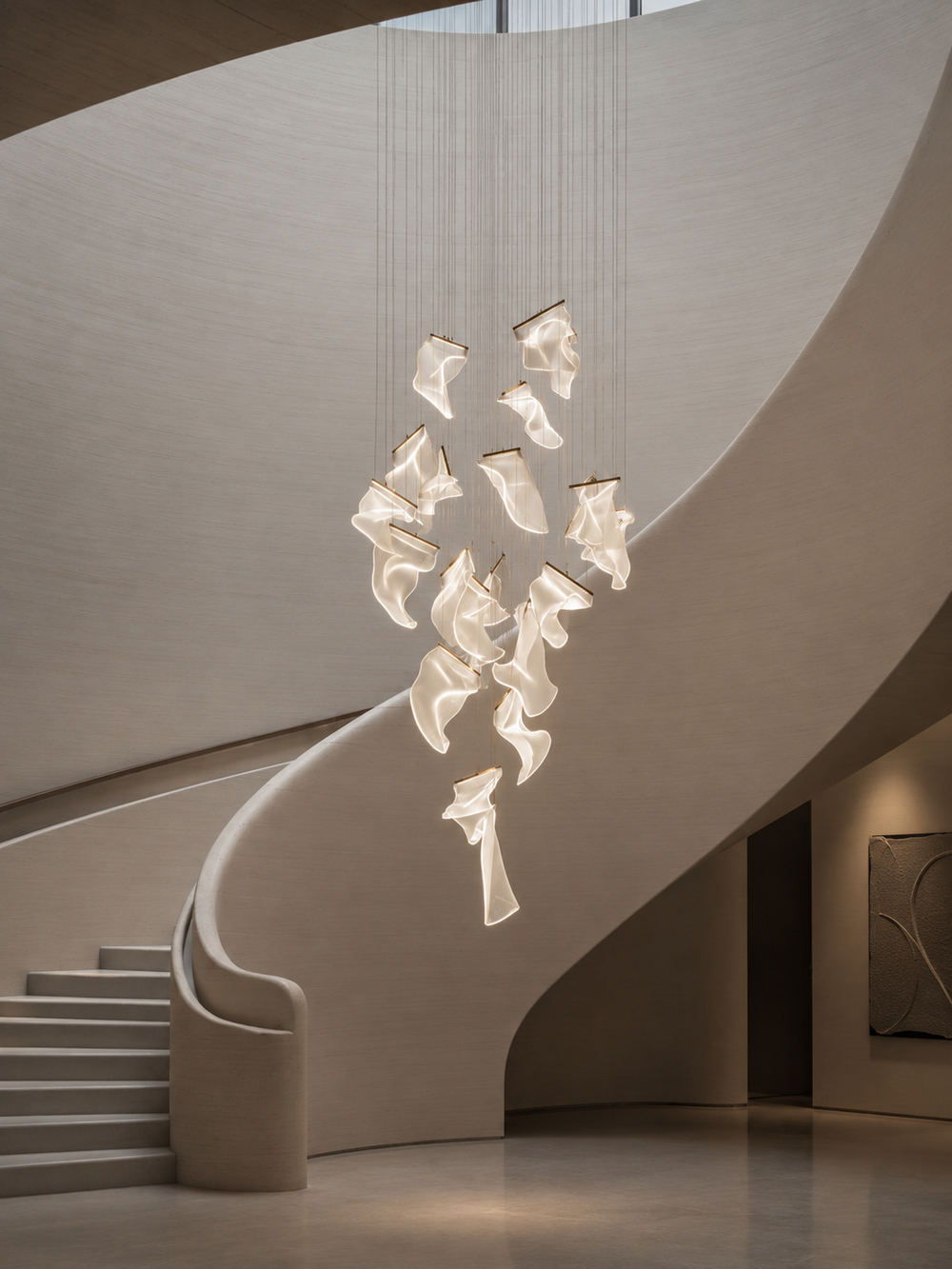Large-scale sculptural acrylic void chandelier suspended alongside a curved staircase in a warm luxury residential interior with decorative artwork, Silken Chandelier 28 by Lucretia