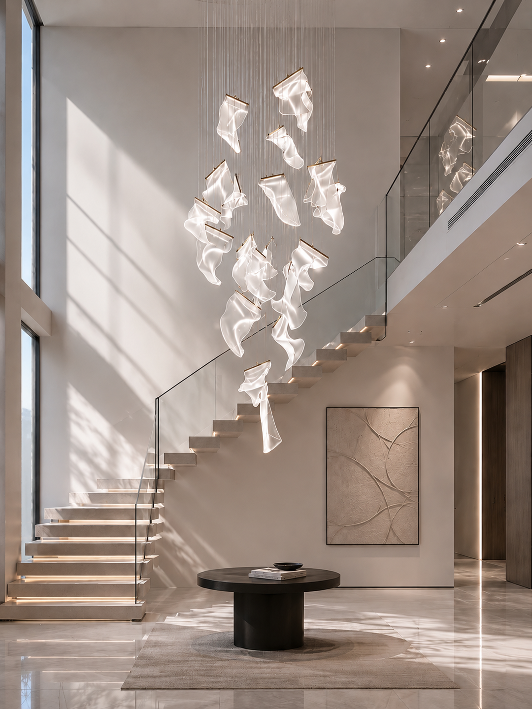 Large-scale sculptural acrylic void chandelier in a modern residential staircase foyer with glass balustrade, round coffee table and strong natural light, Silken Chandelier 28 by Lucretia