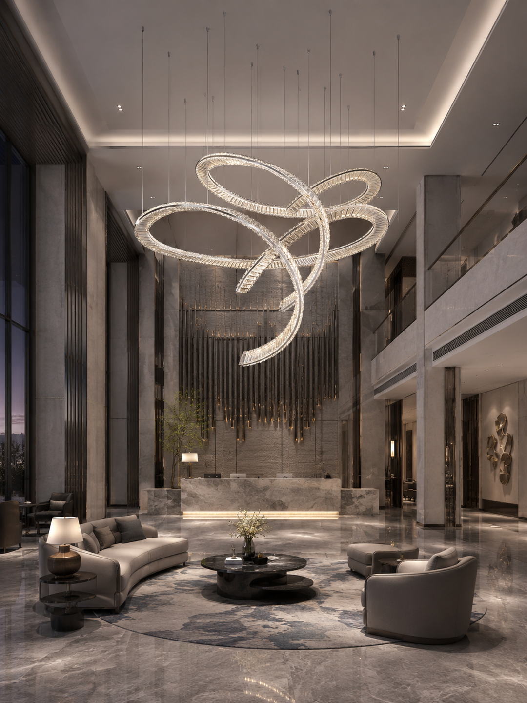 Large-scale sculptural crystal loop chandelier in a luxury hotel lobby with reception desk, curved lounge seating and double-height interior, Pharaoh Rosette Chandelier by Lucretia