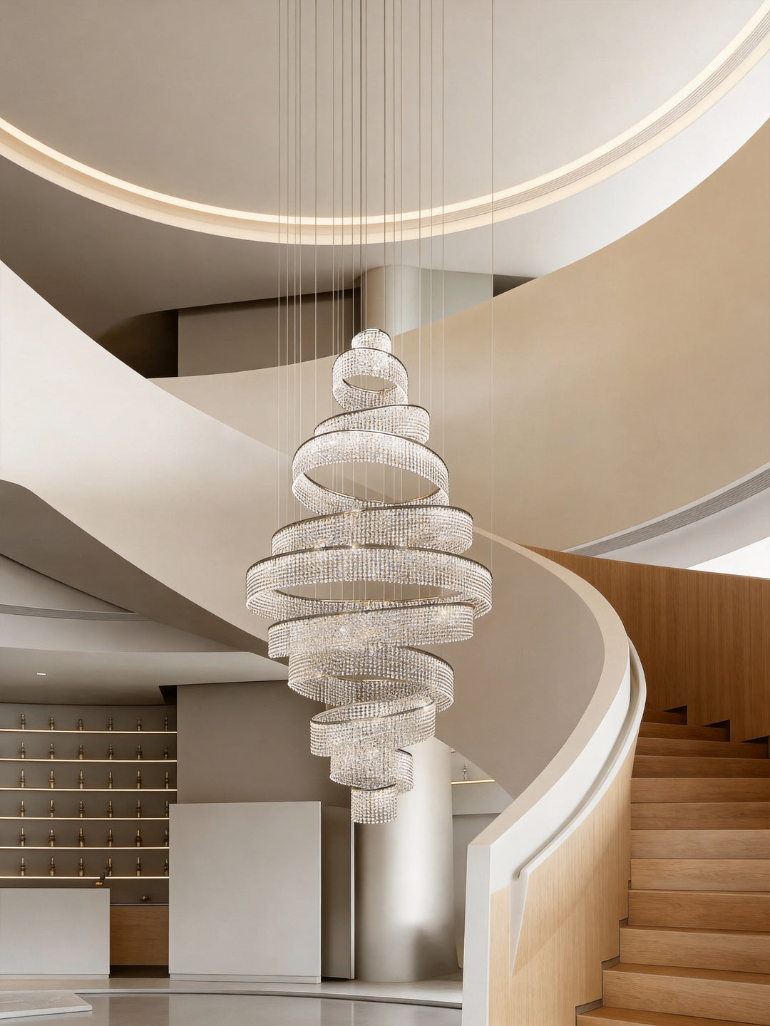 Large-scale spiral crystal chandelier suspended in a hotel lobby curved staircase void with display shelving, Luminous Eleven Bespoke Lighting by Lucretia