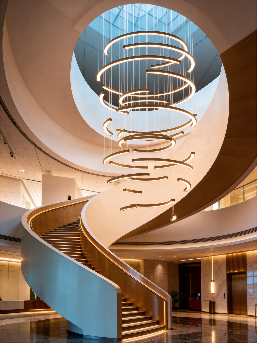 LumiHalf Ring Bespoke Lighting by Lucretia, large-scale bespoke half-ring LED chandelier installed in a double-height commercial staircase void with circular skylight