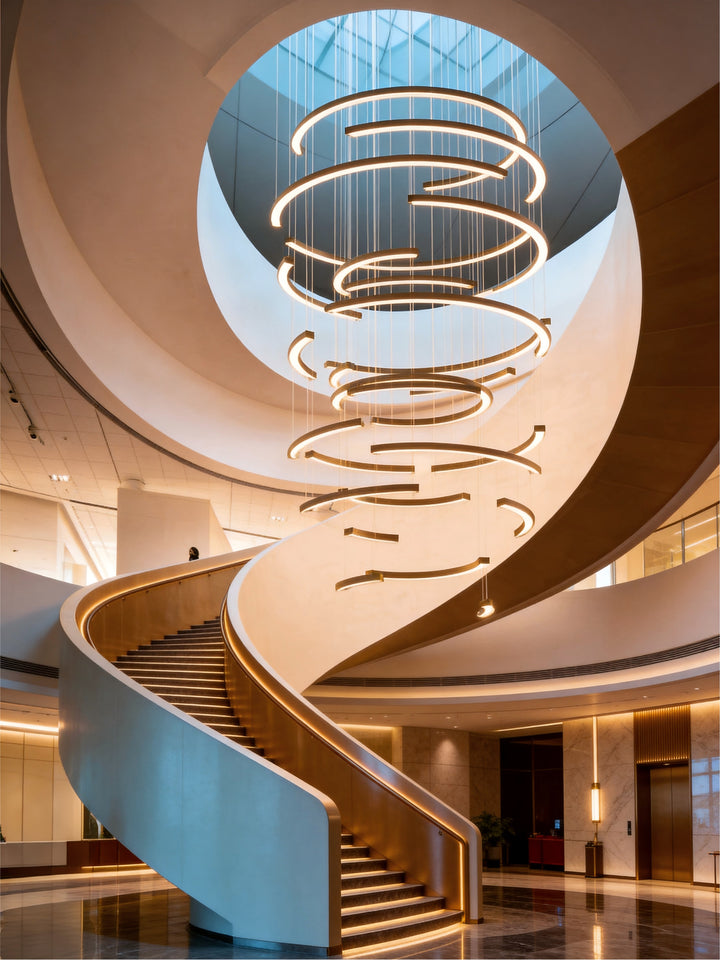 LumiHalf Ring Bespoke Lighting by Lucretia, large-scale bespoke half-ring LED chandelier installed in a double-height commercial staircase void with circular skylight