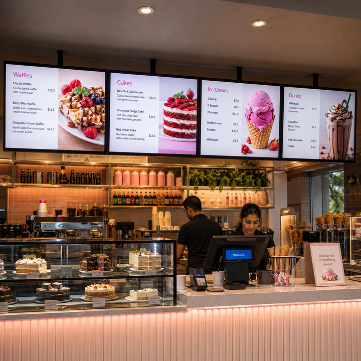 LCD Digital Menu Boards used in a bakery and dessert shop to display food menus and pricing