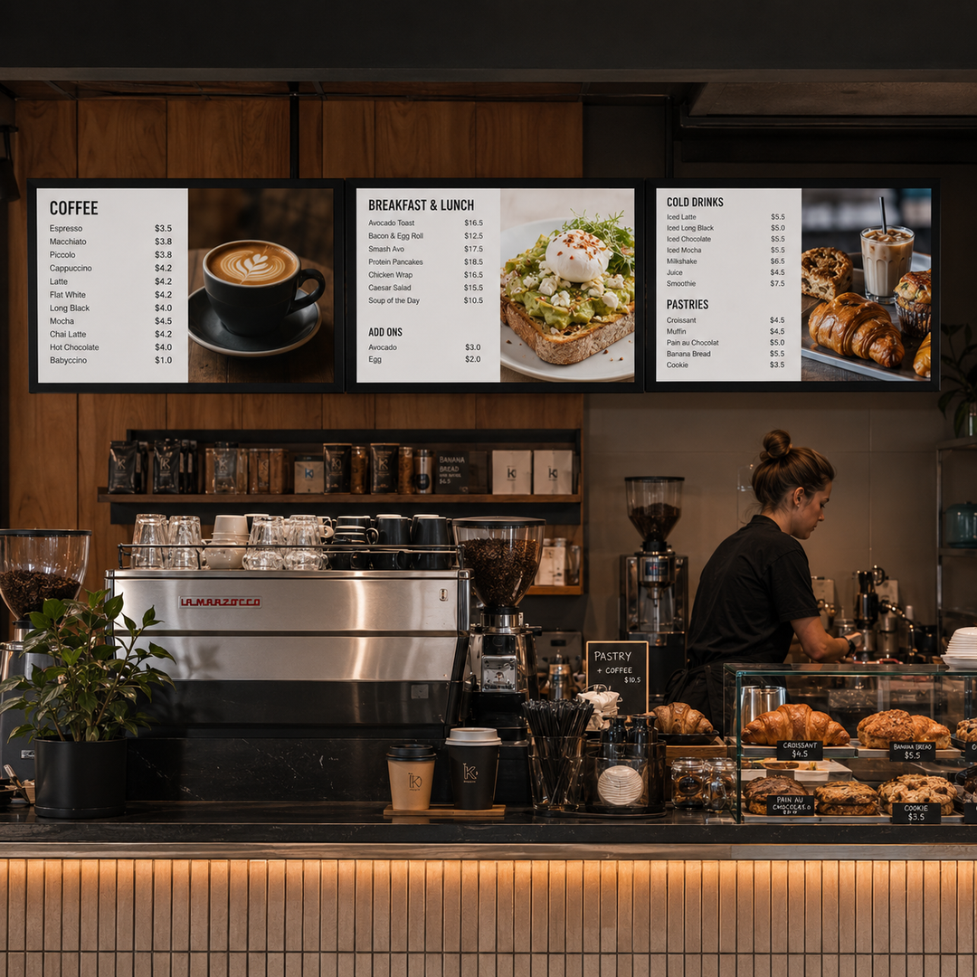 LCD Digital Menu Boards installed above a café counter displaying coffee, breakfast and beverage menus
