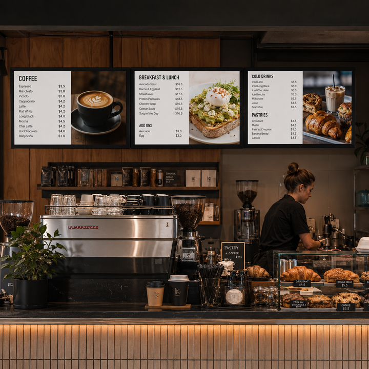 LCD Digital Menu Boards installed above a café counter displaying coffee, breakfast and beverage menus