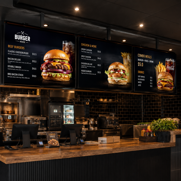Commercial LCD Digital Menu Boards displaying burgers, meals and promotional offers in a fast food restaurant