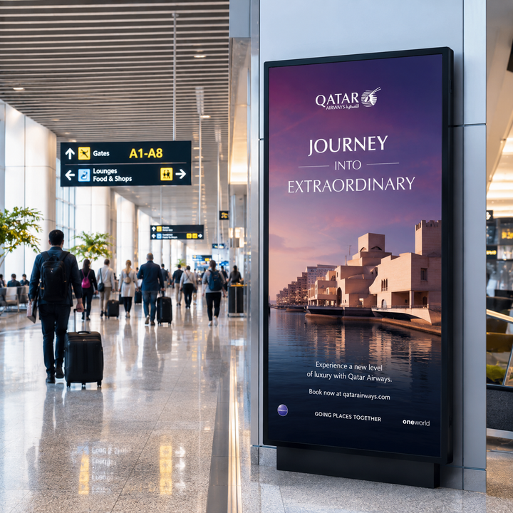Full Screen LCD Digital Poster Display used in an international airport terminal for premium advertising, travel promotions and passenger engagement.