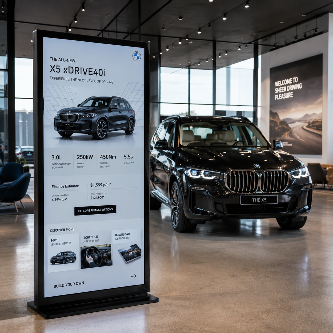 Commercial Full Screen LCD Digital Poster Display used in a luxury automotive showroom to promote premium vehicle advertising and brand campaigns.