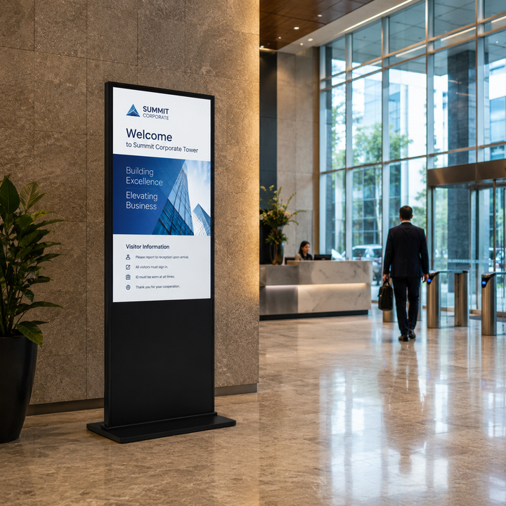 Commercial LCD Digital Poster Display installed in a corporate office lobby for visitor information