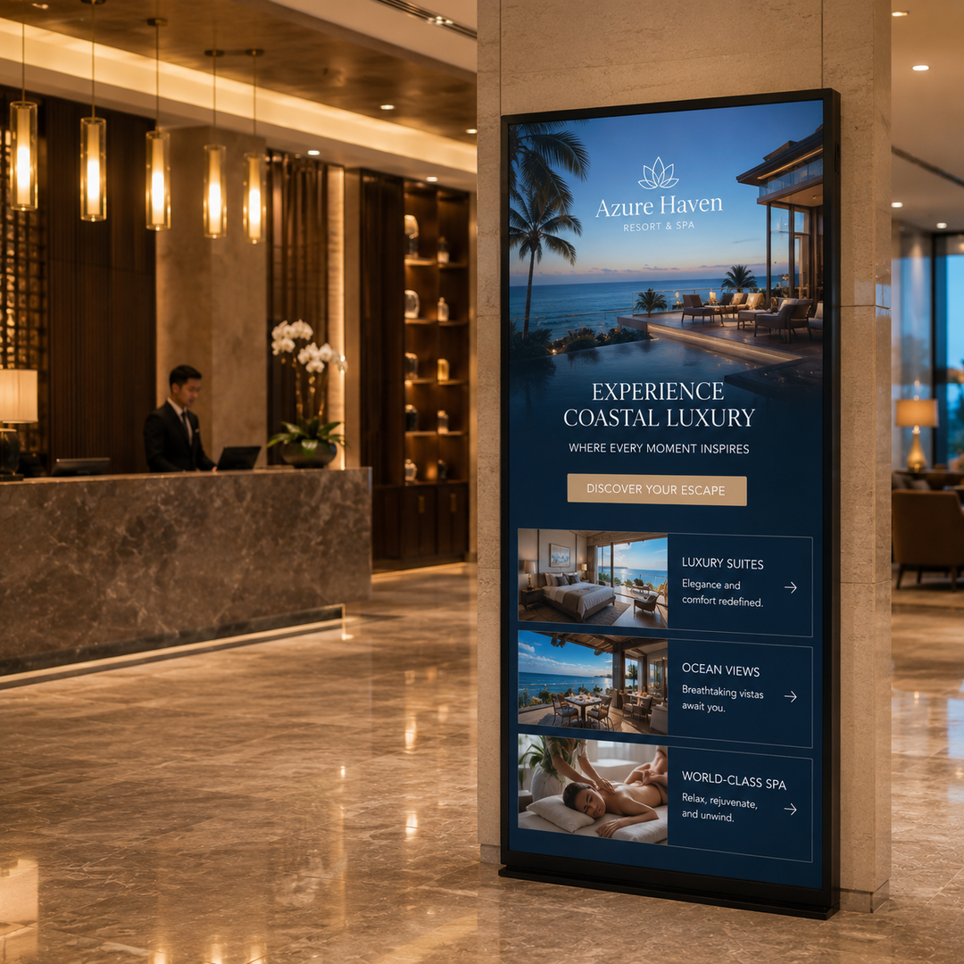 Commercial LCD Digital Poster Display installed in a luxury hotel lobby for guest communication, advertising and hospitality information.