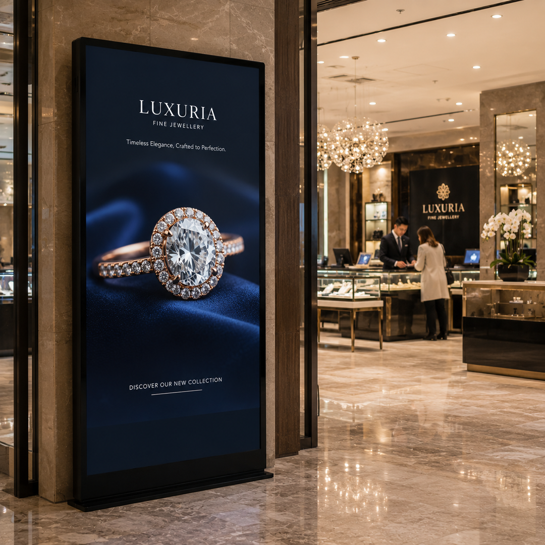 Full Screen LCD Digital Poster Display installed at a luxury jewellery boutique entrance, showcasing premium jewellery advertising content in a high-end retail environment.