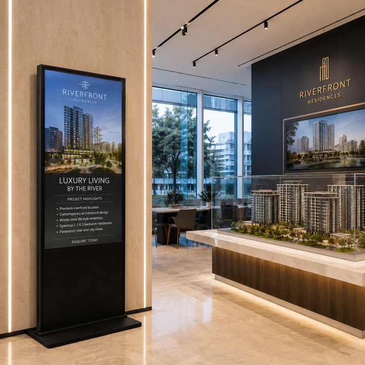 LCD Digital Poster Display used in a property sales gallery to showcase residential developments