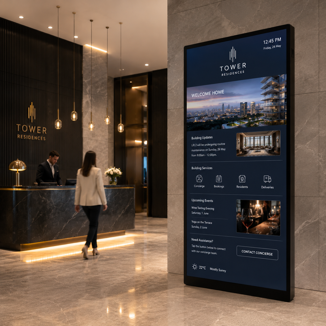 Full Screen LCD Digital Poster Display installed in a luxury residential tower lobby, displaying resident information, building services and concierge updates.