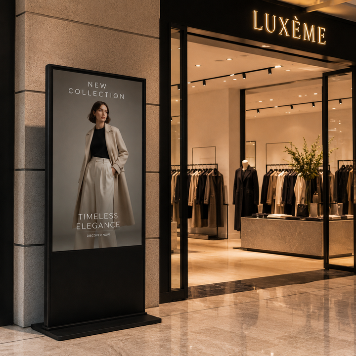 LCD Digital Poster Display installed at a luxury retail store entrance displaying fashion advertising content