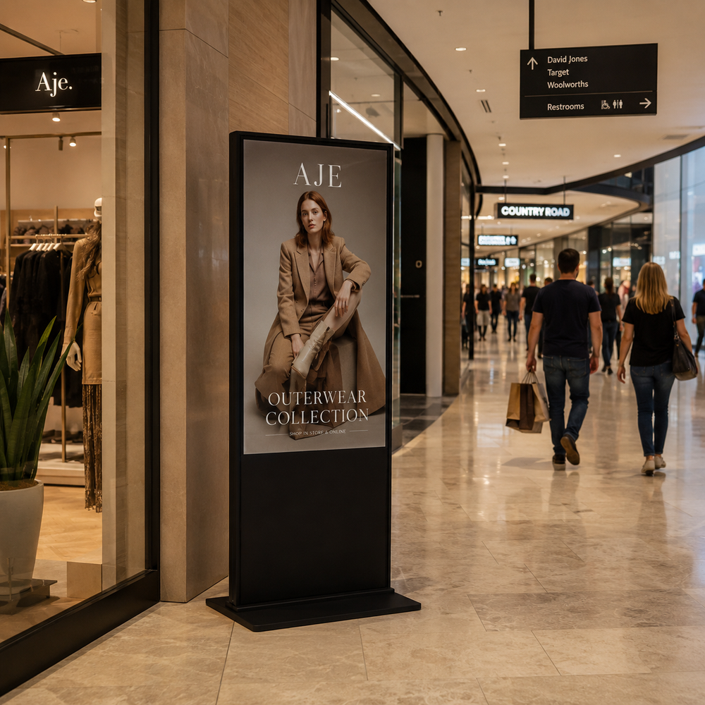 Freestanding LCD Digital Poster Display positioned in a shopping centre walkway for retail advertising