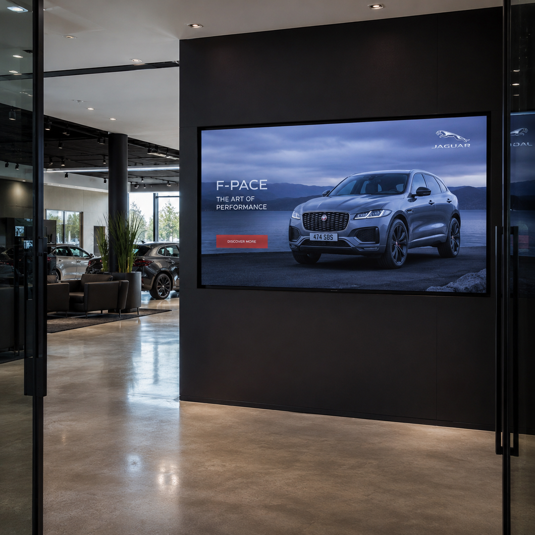 75 inch LCD Digital Signage Display installed in a luxury automotive showroom displaying vehicle advertising content
