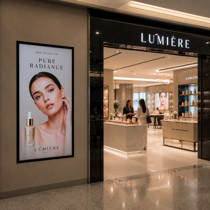 Touch and non-touch LCD Digital Signage Display installed in a luxury cosmetics retail store