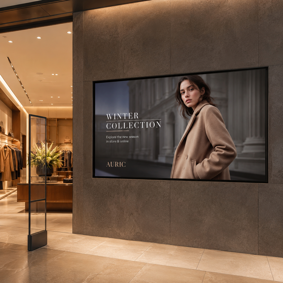 Commercial LCD Digital Signage Display recessed into a feature wall inside a premium fashion boutique