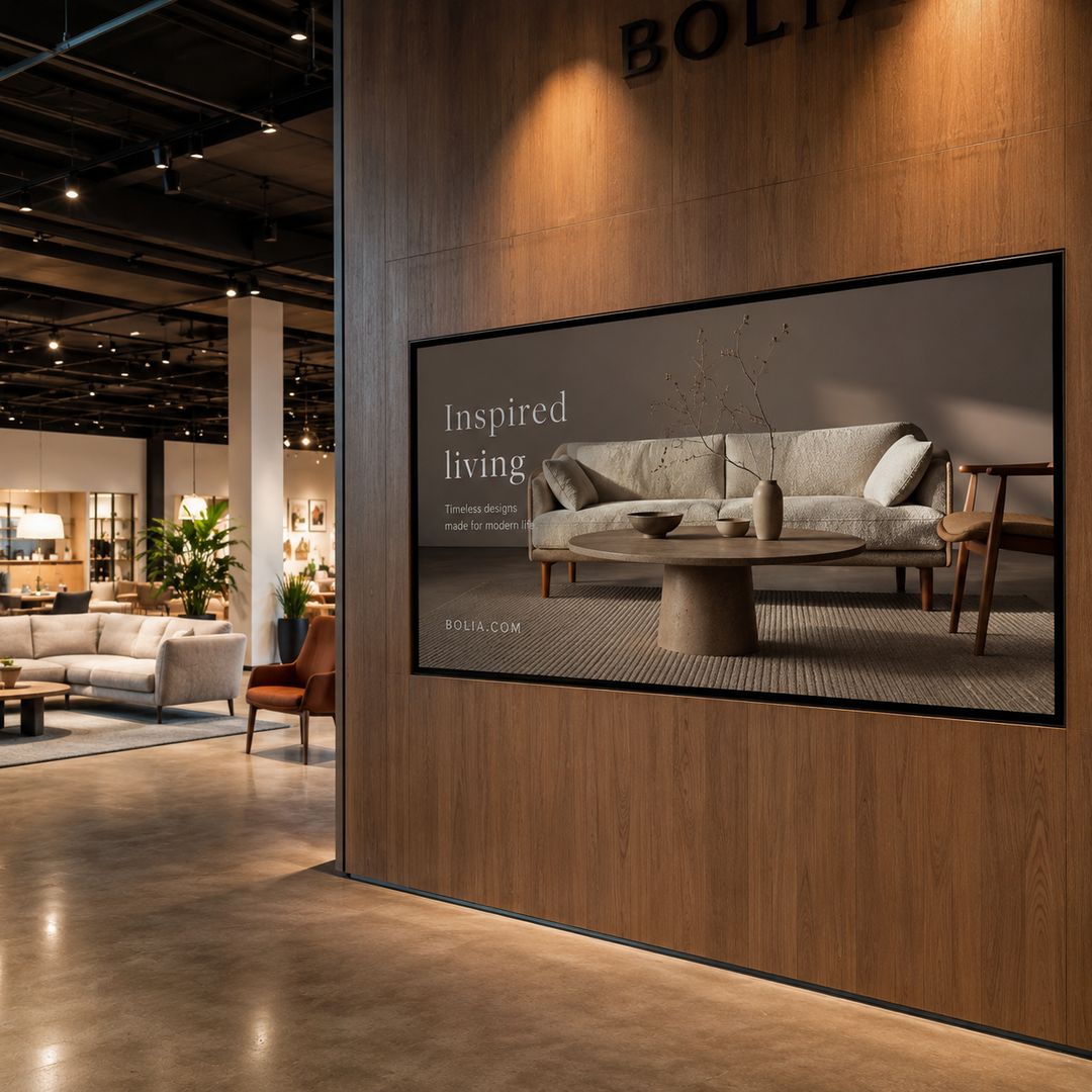 Large format LCD Digital Signage Display installed in a furniture showroom displaying promotional content