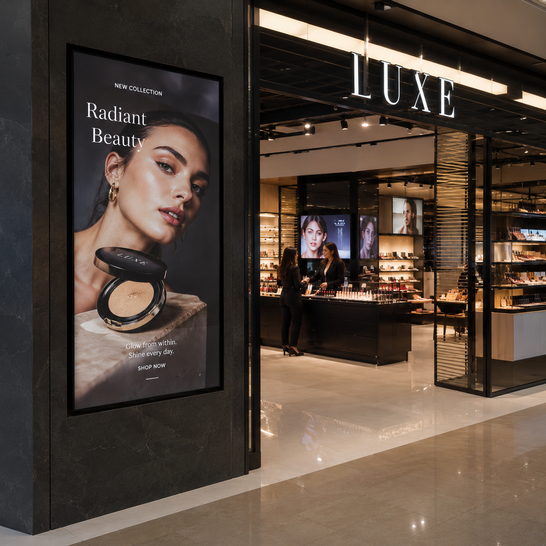 Portrait LCD Digital Signage Display integrated into a luxury retail store entrance for brand advertising