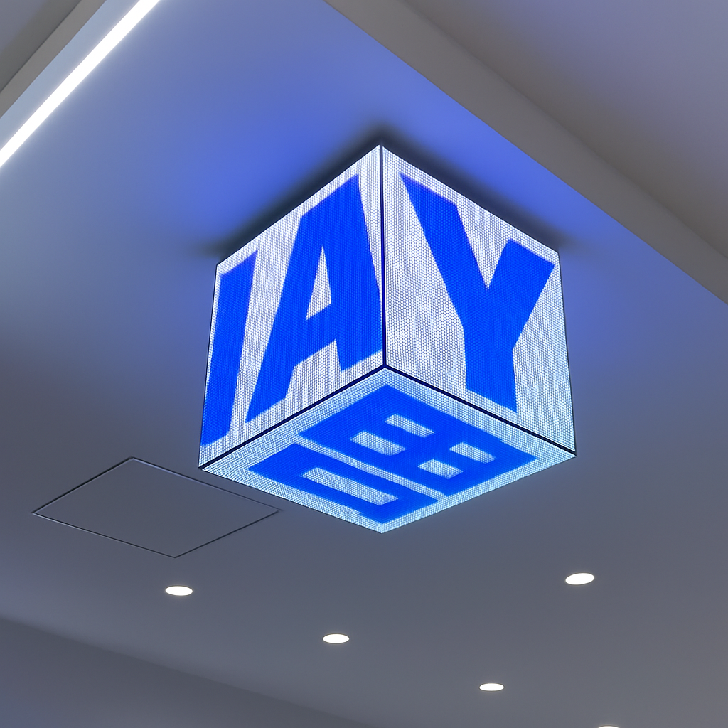 Ceiling-mounted LED cube display for indoor digital signage, multi-sided cube screen used in shopping centres and commercial interiors.