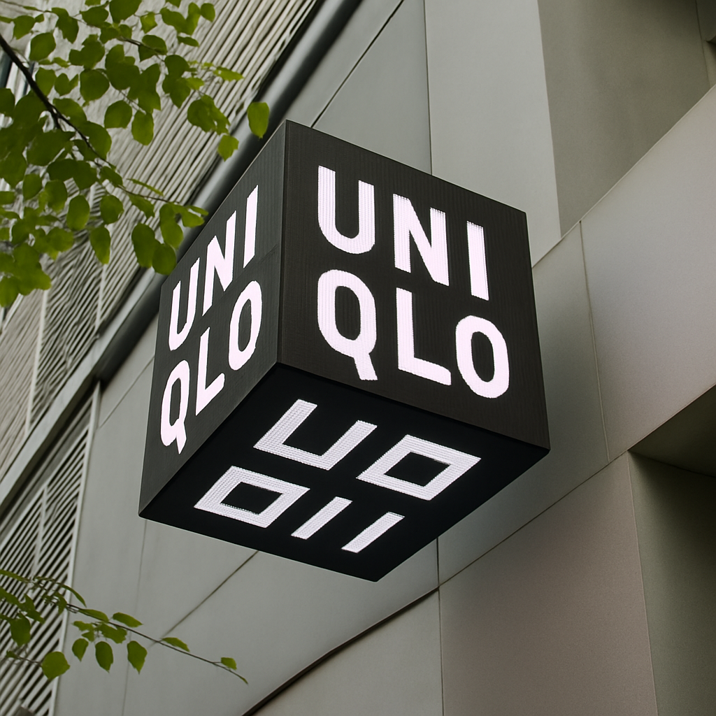 Outdoor LED cube display for digital signage, wall-mounted cube screen used for retail branding and commercial storefront signage.