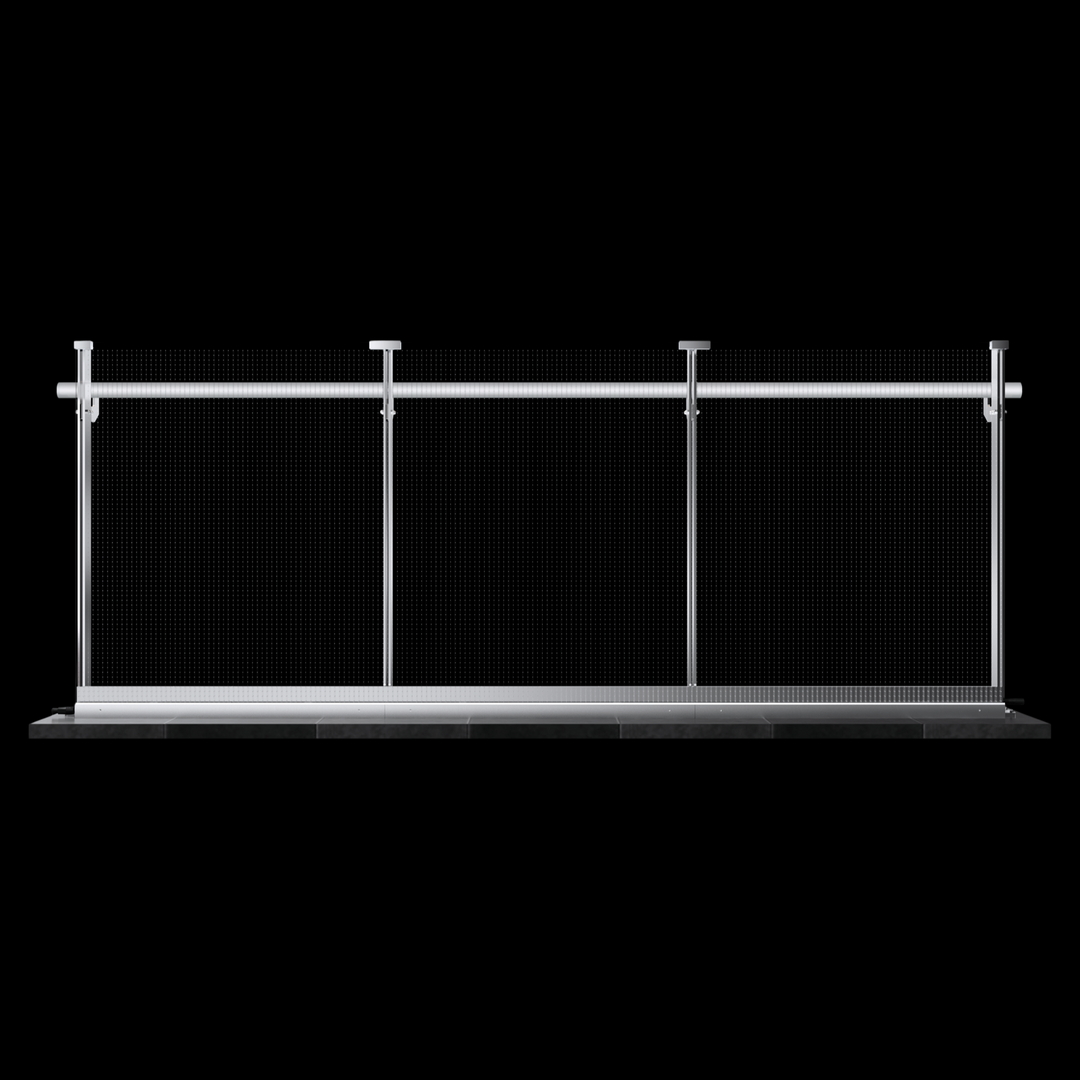 Front view of LED glass balustrade system showing full-length glass panels and integrated handrail structure