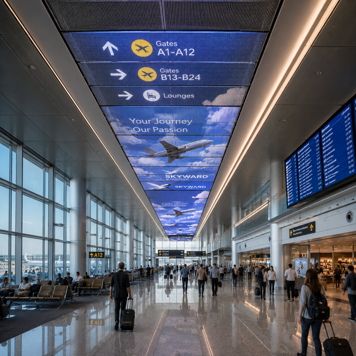 LED Mesh Ceiling Display in a modern airport terminal showing flight information, wayfinding graphics and advertising content on suspended ceiling panels.