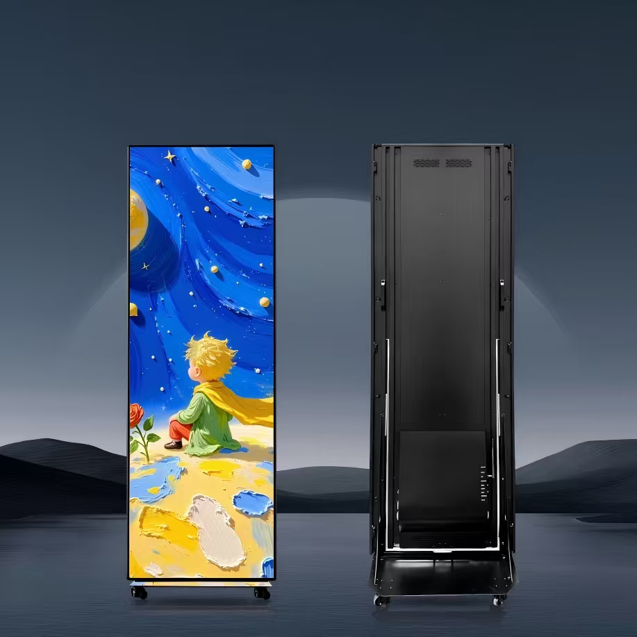 LED poster display screen for retail digital signage with portable stand and seamless connection