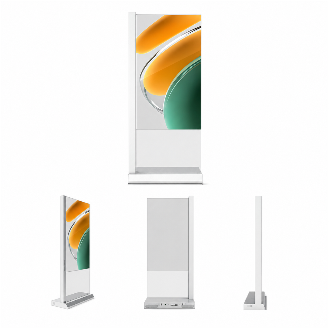 55-inch LG Transparent OLED Art Display with freestanding aluminium frame designed for museums, exhibitions and luxury retail environments.