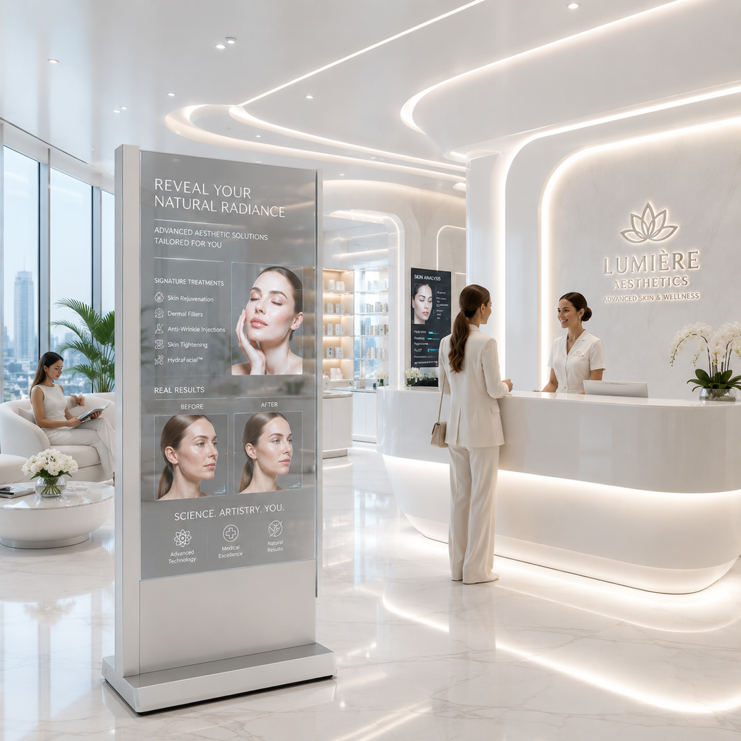 LG Transparent OLED digital signage display in a luxury aesthetic clinic reception featuring skincare treatment information, patient education and premium healthcare branding.